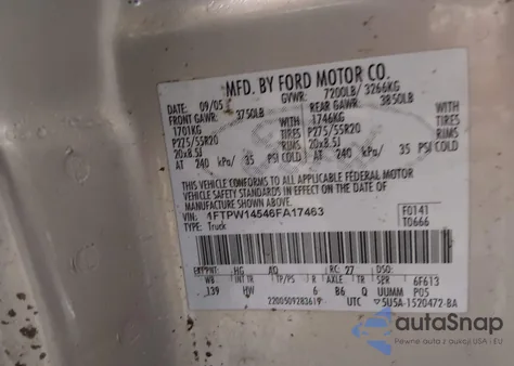 2006 Ford F-150 Fx4/Lariat/Xlt из США, поврежденный, VIN 1FTPW14546FA17463